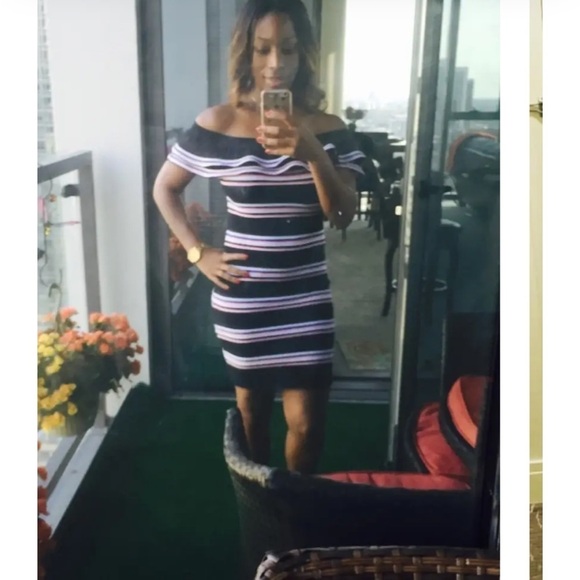 Gianni Bini Black, Blue, White, Burgundy Striped Ruffle Off the Shoulder Dress - Picture 6 of 16